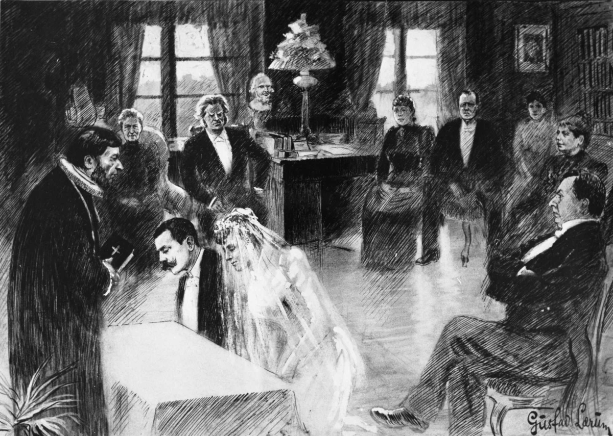 Tegning av brudepar som vies i Bjørnson arbeidsværelse med gjester rundt.